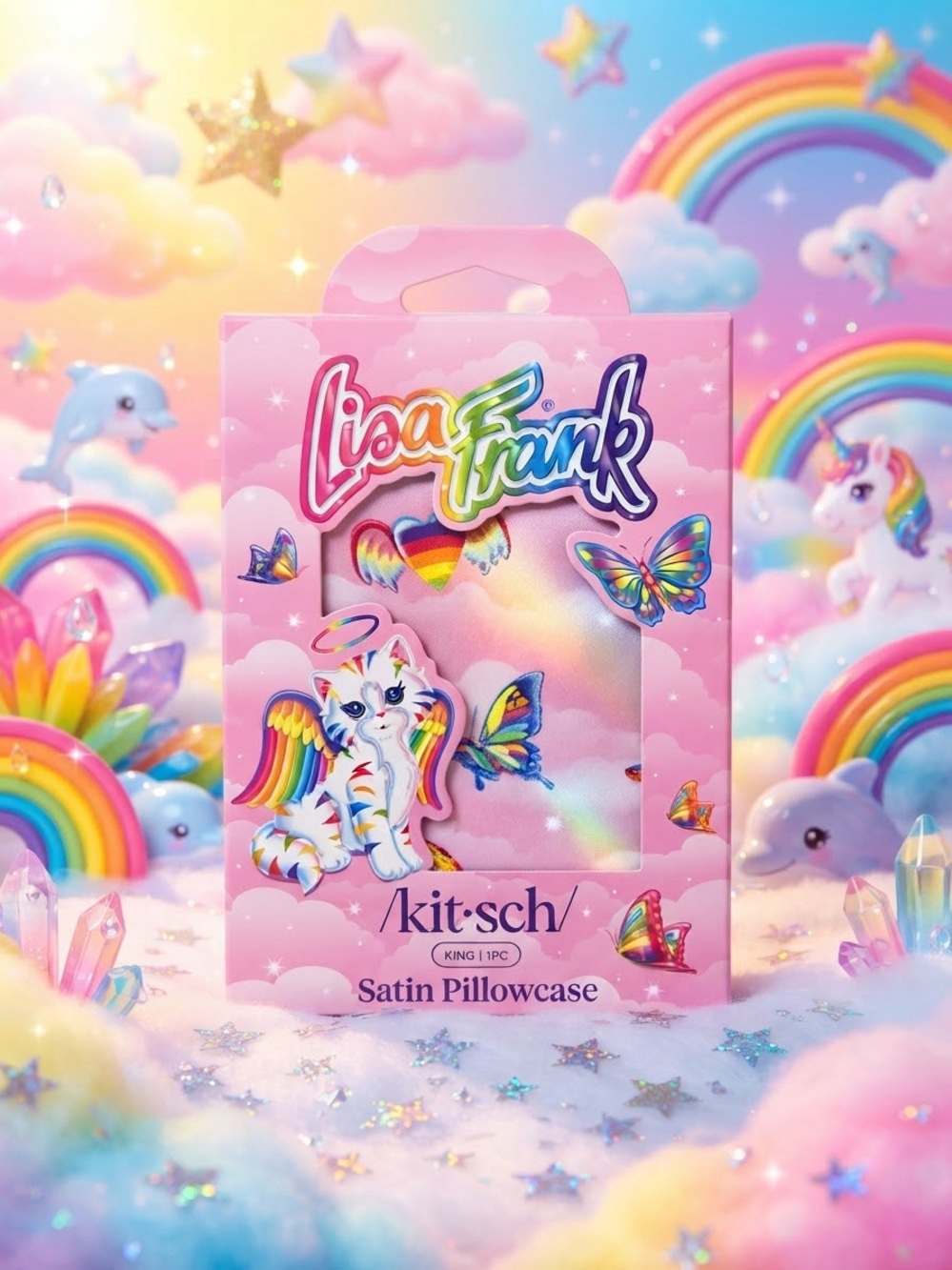 Lisa Frank Pink Satin Pillowcase with Rainbow & Unicorn Motifs